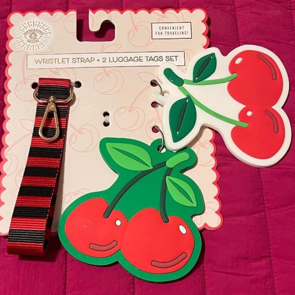 BRAND NEW ~ CHERRY / CHERRIES / TRAVEL / TRAVELING BAG TAGS & WRISTLET STRAP SET